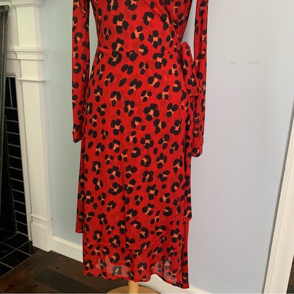 CAbi red animal print wrap dress, “Siren” Style mesh cheetah leopard print, Sz M - Picture 5 of 13